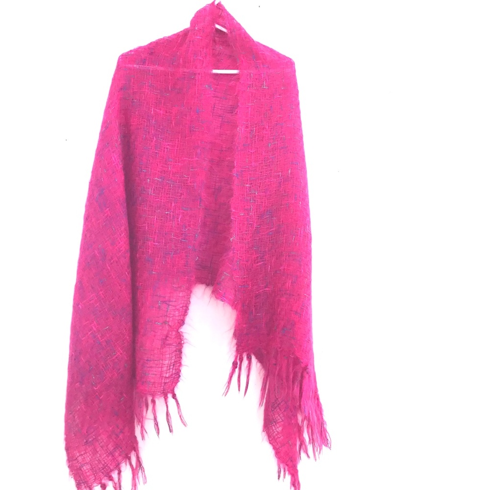 shawl women O/S wool/mohair pink/green/blue fringes quiet luxury, old money,